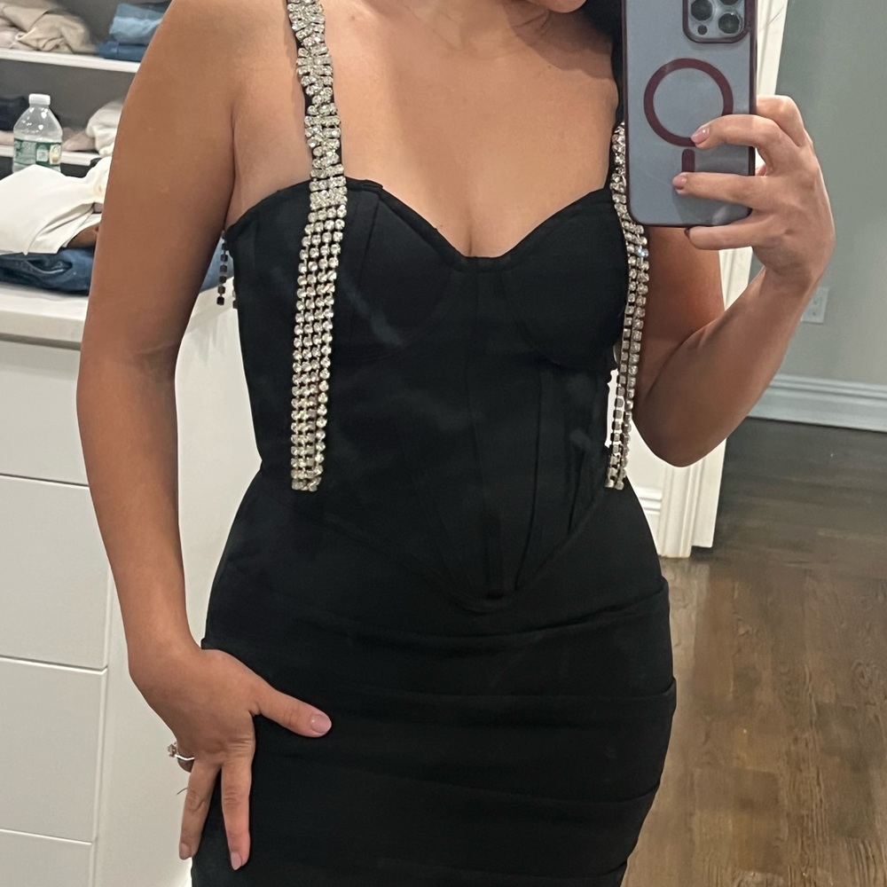 AKIRA Black Bandage Dress with Rhinestone straps
